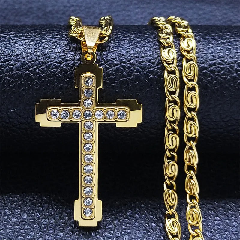 HNSP Stainless Steel Luxury Zircon Cross Necklace