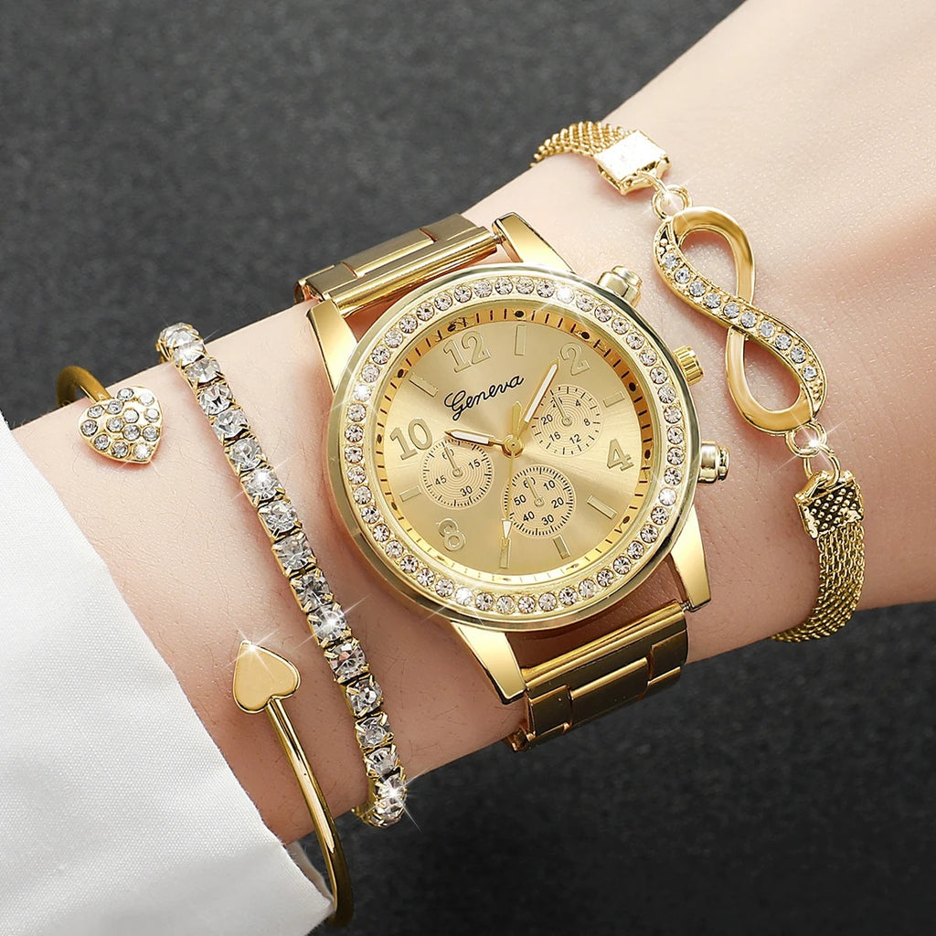 4-Piece Luxury Women’s Rhinestone Watch Set