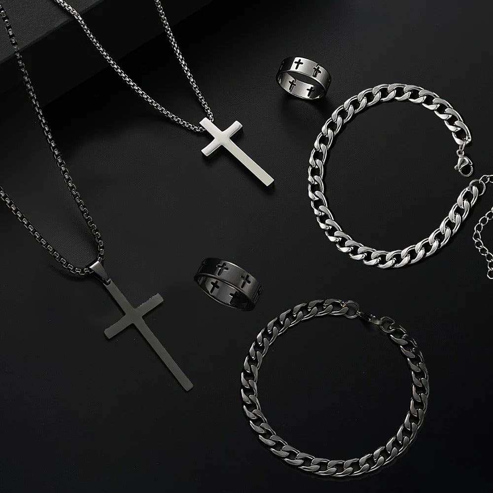 Men’s 3-Piece Stainless Steel Cross Jewelry Set