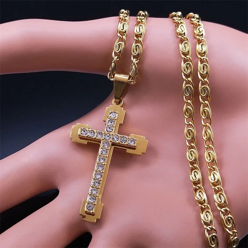 HNSP Stainless Steel Luxury Zircon Cross Necklace