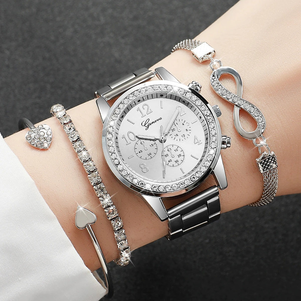 4-Piece Luxury Women’s Rhinestone Watch Set