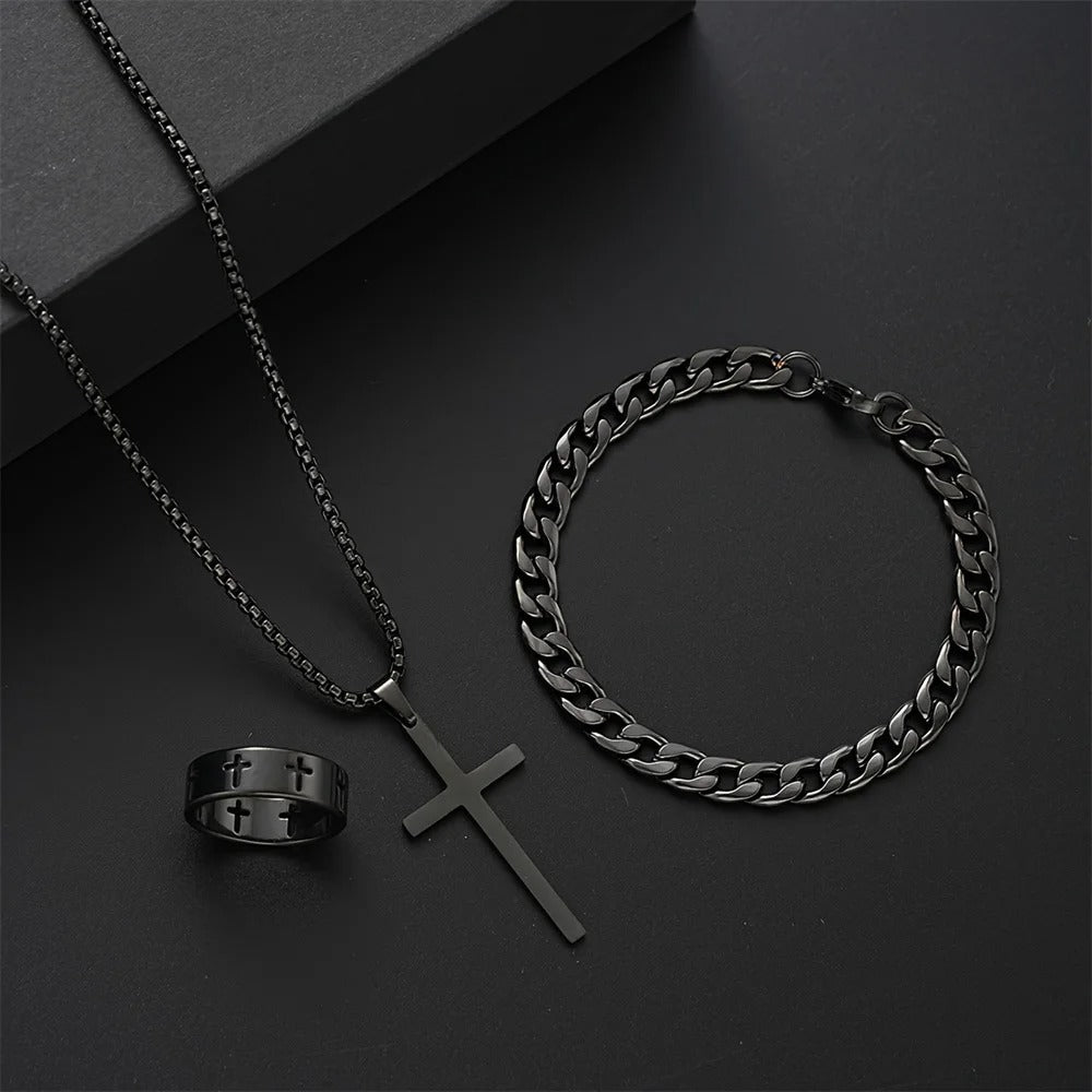 Men’s 3-Piece Stainless Steel Cross Jewelry Set