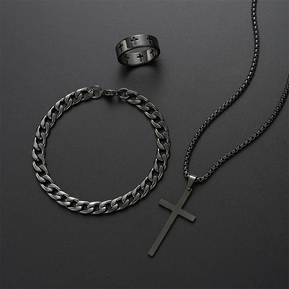 Men’s 3-Piece Stainless Steel Cross Jewelry Set