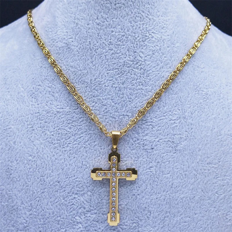 HNSP Stainless Steel Luxury Zircon Cross Necklace