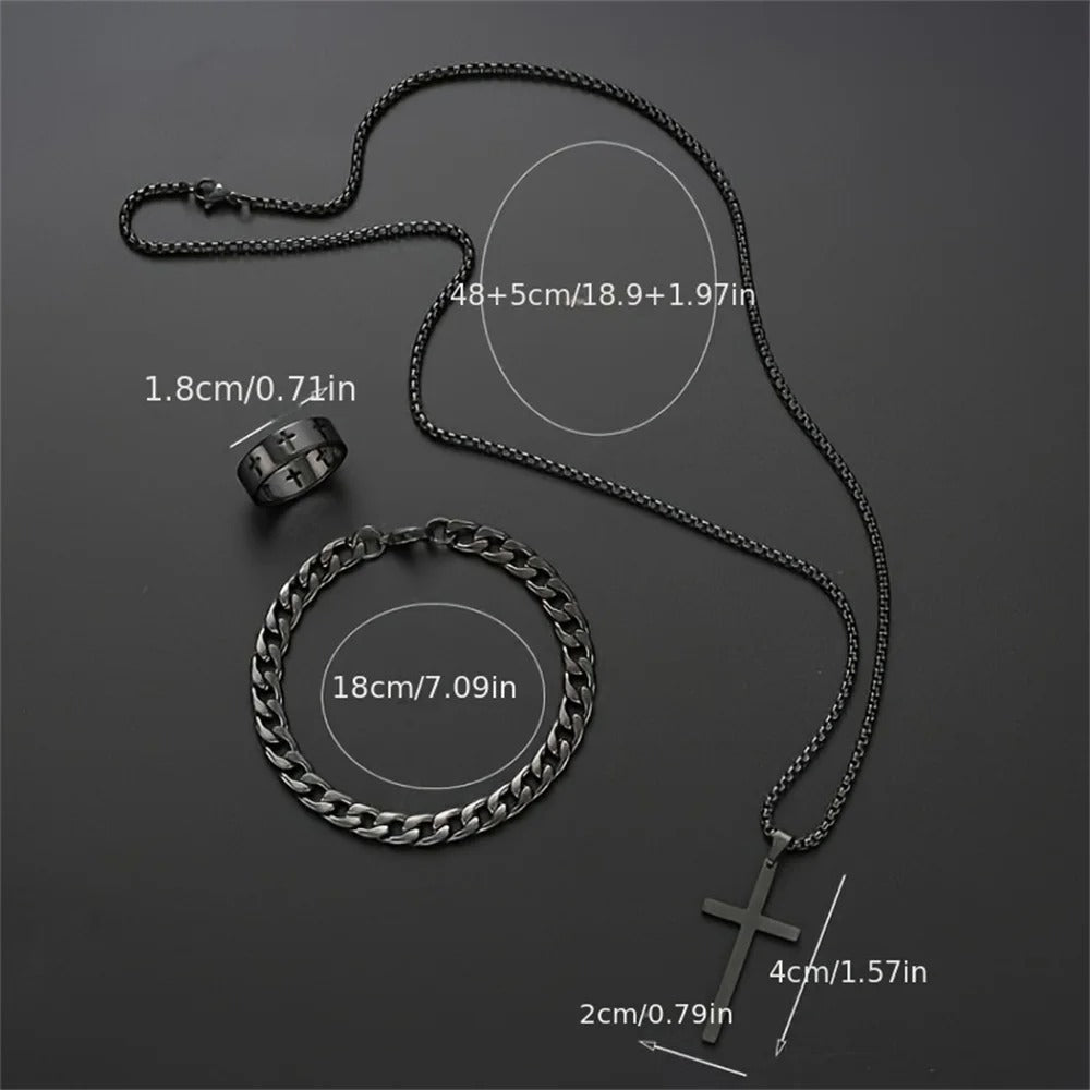 Men’s 3-Piece Stainless Steel Cross Jewelry Set