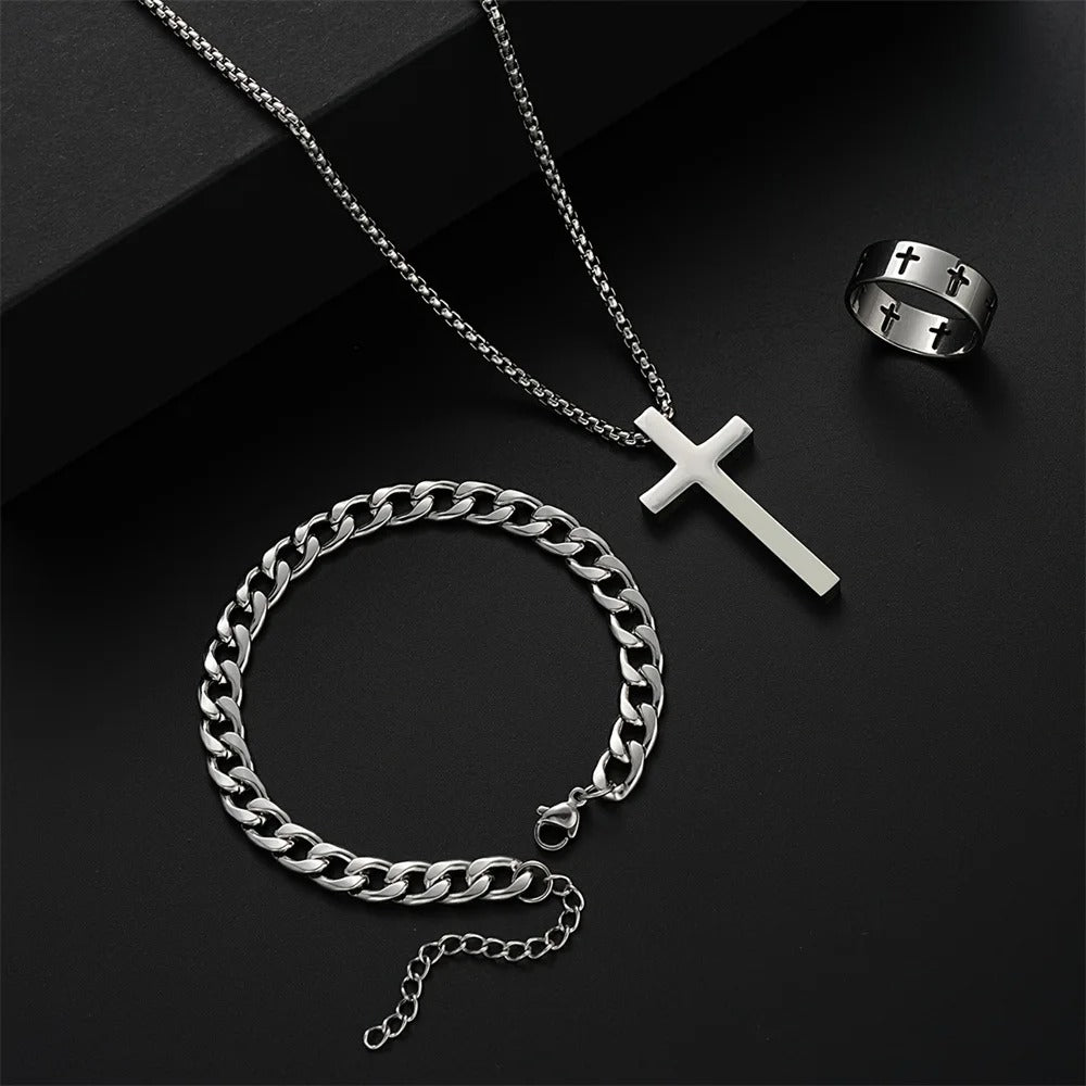Men’s 3-Piece Stainless Steel Cross Jewelry Set